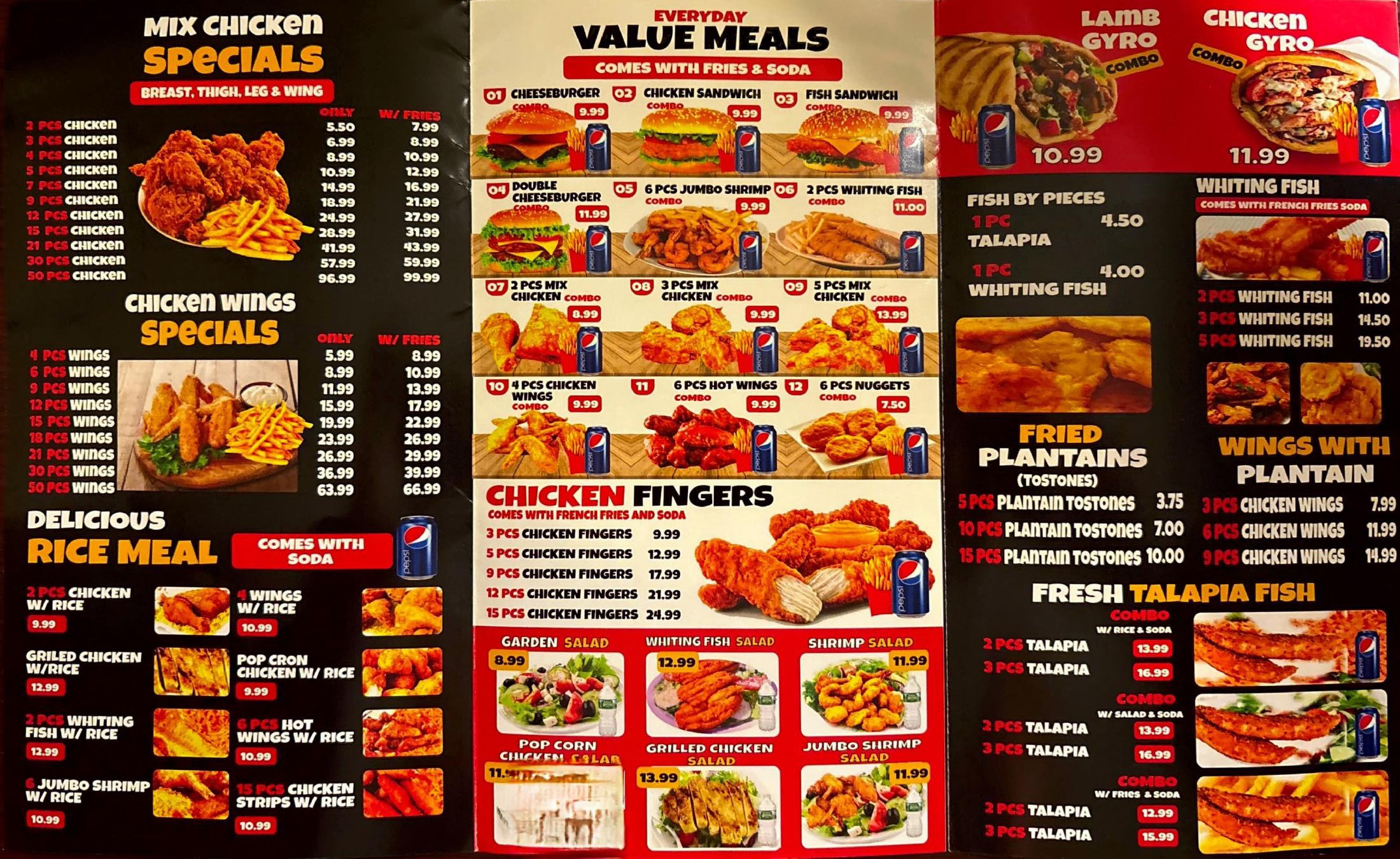 Boston Tasty Chicken menu — mix chicken specials, rice meals, value meals, chicken fingers, gyros, fish, plantains