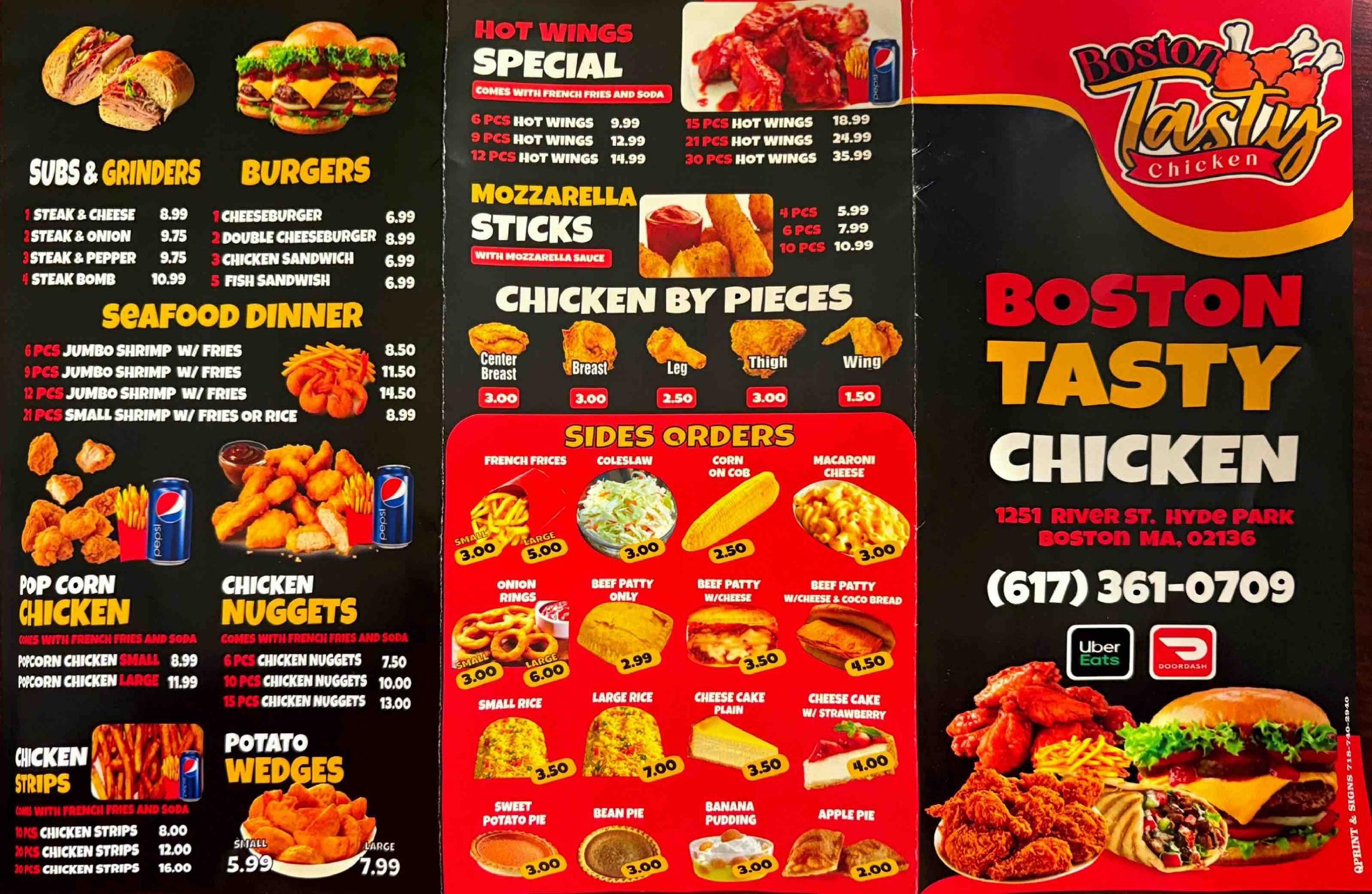 Boston Tasty Chicken menu — subs & grinders, burgers, seafood dinner, hot wings, mozzarella sticks, sides, contact